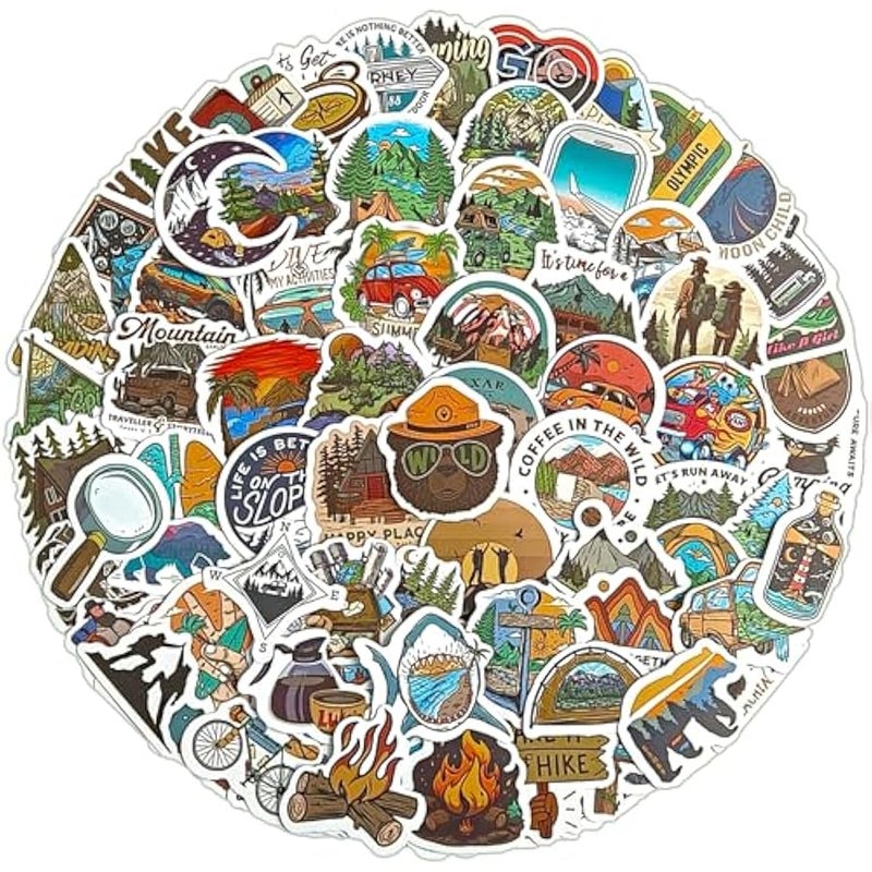 Camping Stickers - 100 pcs Bulk Waterproof Vinyl, Outdoor Travel, Hiking, Nature, Adventure Time Themes - for Scrapbooking, Luggage, Water Bottles, Journaling - Ideal for Adults, Kids, Teens - Image 1